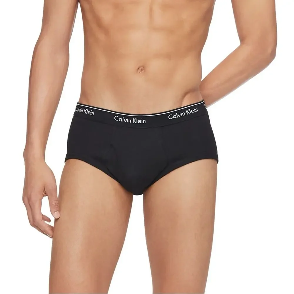 MENS 2 NEW CALVIN KLEIN Black White Logo Fly Cotton Briefs Underwear Panty S